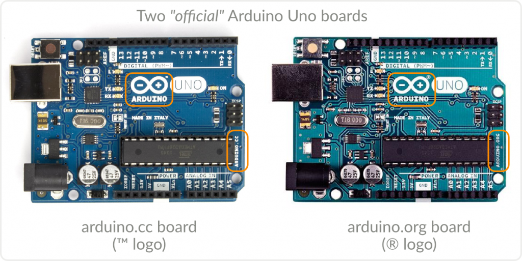 The two official Arduino Uno boards side by side